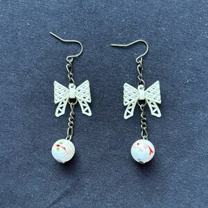 Cottagecore Coquette Lolita Enamel Bow and Painted Bead Chain Dangle Earrings